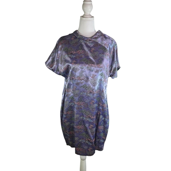 Vtg 60s Cheongsam Floral Orienta Peter Pan Satin Dress - Picture 1 of 10